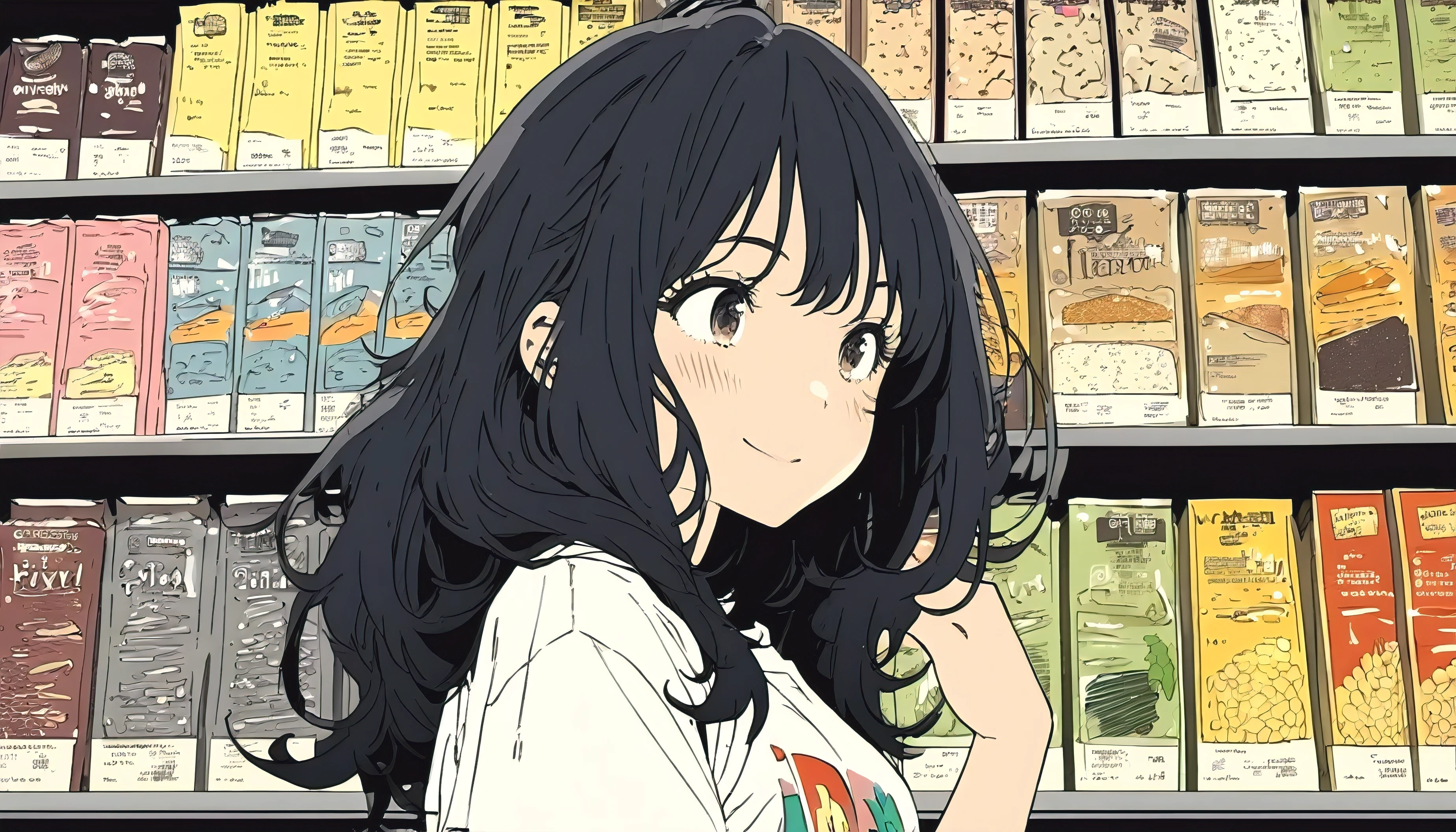 Extremely detailed 8K CG, Very detailed:1.3, Very delicate and detailed face:1.3, (Absurd, texture, masterpiece), Long hair,Pop Art, pixiv Contest Winner, by Posuka Demizu, Shop at the market,Dynamic cartoon style illustrations,Over T-shirt,Black Hair,The face is turned sideways and smiling as she selects a product,