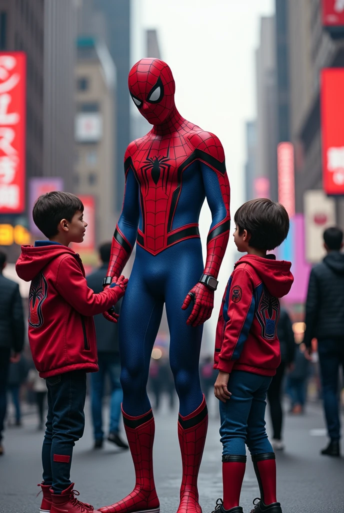 Spiderman giving two age boys spider clothes