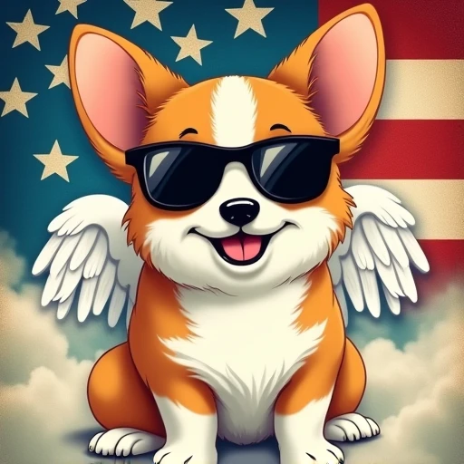 Cute flying dark glasses angel corgi dog glitter effect, american style propaganda poster,