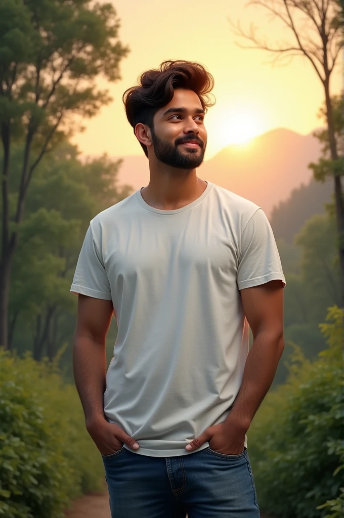 Aaryan Verma name man causely white T-shirt forest and mountain background Sun sunset