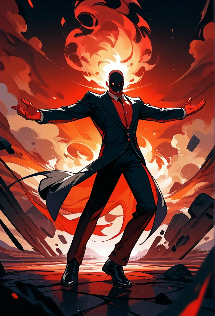 mature male, humanoid, (faceless, slenderman faceless, black head), black suit, shadow aura, fire background, ruined city, apocalypse, (open arms pose), (red skies, red clouds)