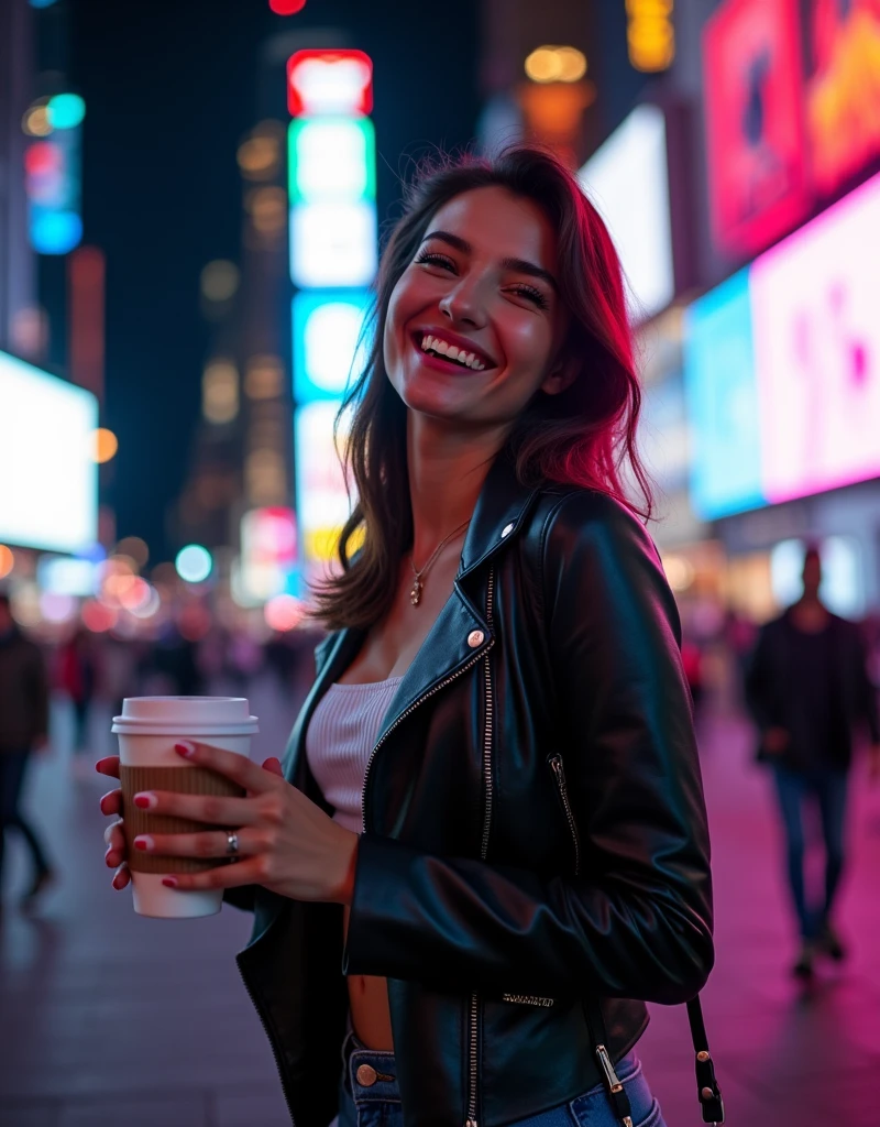 A lively photo of a woman of Asian descent from Turkey enjoying a night out in New York City. She is dressed in a stylish black leather jacket, skinny jeans, and ankle boots, holding a takeaway coffee cup. The background features the iconic skyline and bright city lights of Times Square. The lighting is dynamic, with the colorful lights reflecting off her face as she laughs candidly at something off-camera.