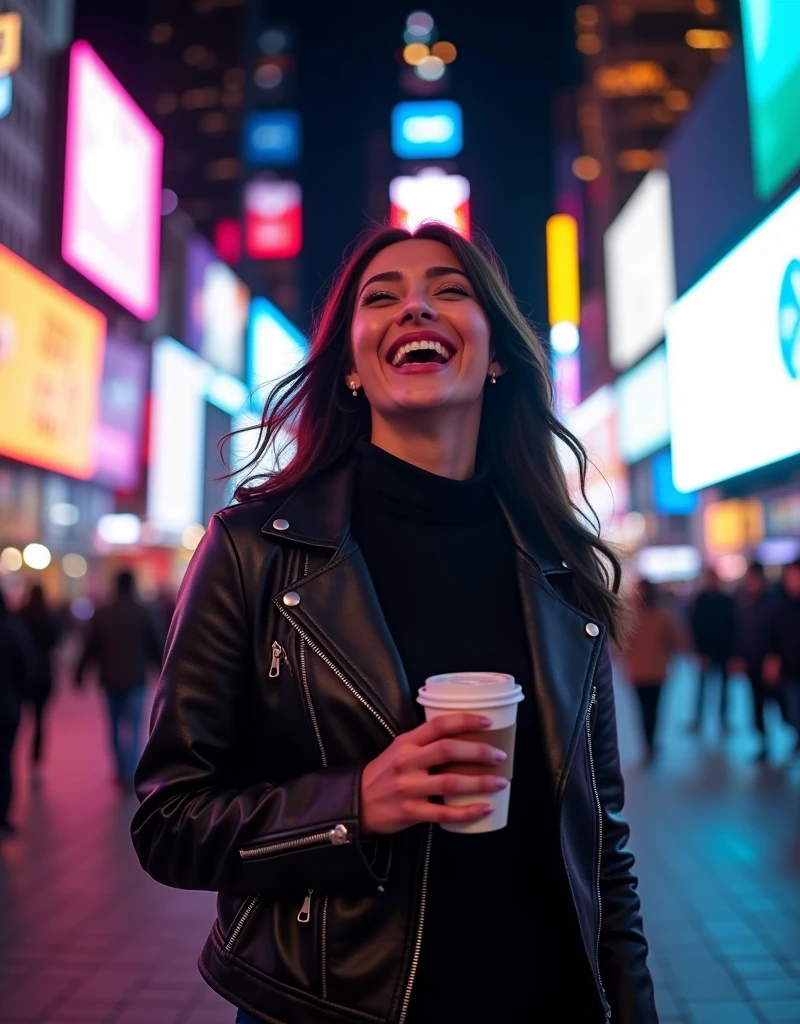 A lively photo of a woman of Asian descent from Turkey enjoying a night out in New York City. She is dressed in a stylish black leather jacket, skinny jeans, and ankle boots, holding a takeaway coffee cup. The background features the iconic skyline and bright city lights of Times Square. The lighting is dynamic, with the colorful lights reflecting off her face as she laughs candidly at something off-camera.