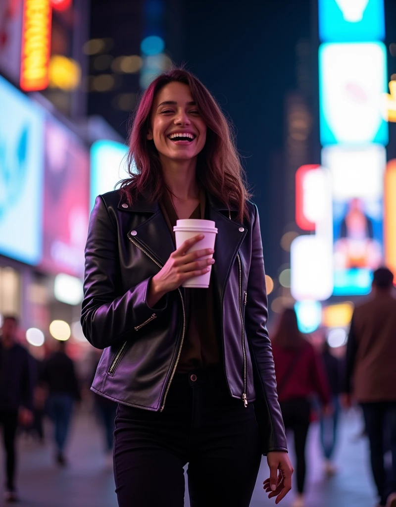 A lively photo of a woman of Asian descent from Turkey enjoying a night out in New York City. She is dressed in a stylish black leather jacket, skinny jeans, and ankle boots, holding a takeaway coffee cup. The background features the iconic skyline and bright city lights of Times Square. The lighting is dynamic, with the colorful lights reflecting off her face as she laughs candidly at something off-camera.