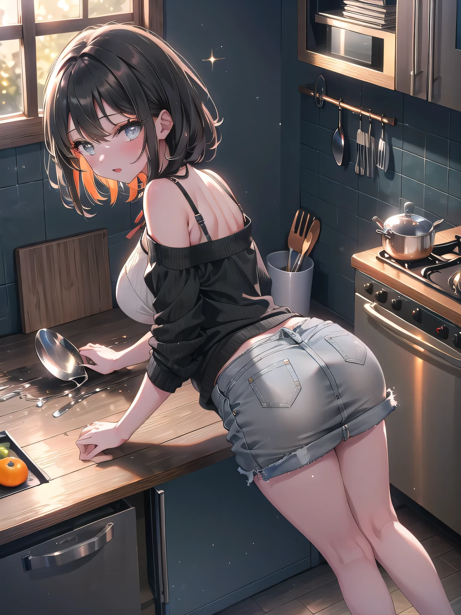 Beautiful woman, (blush), grin and laugh, open your legs, With a butt like that, plump body, big breasts, panties, Wear an apron, human wife, in the kitchen