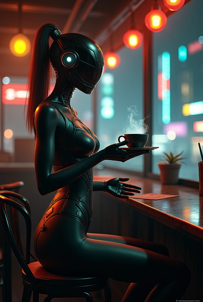A cyber waitress delivers coffee in a cyberpunk cafe, it night behind window, dark ambient, warm light, photorealism