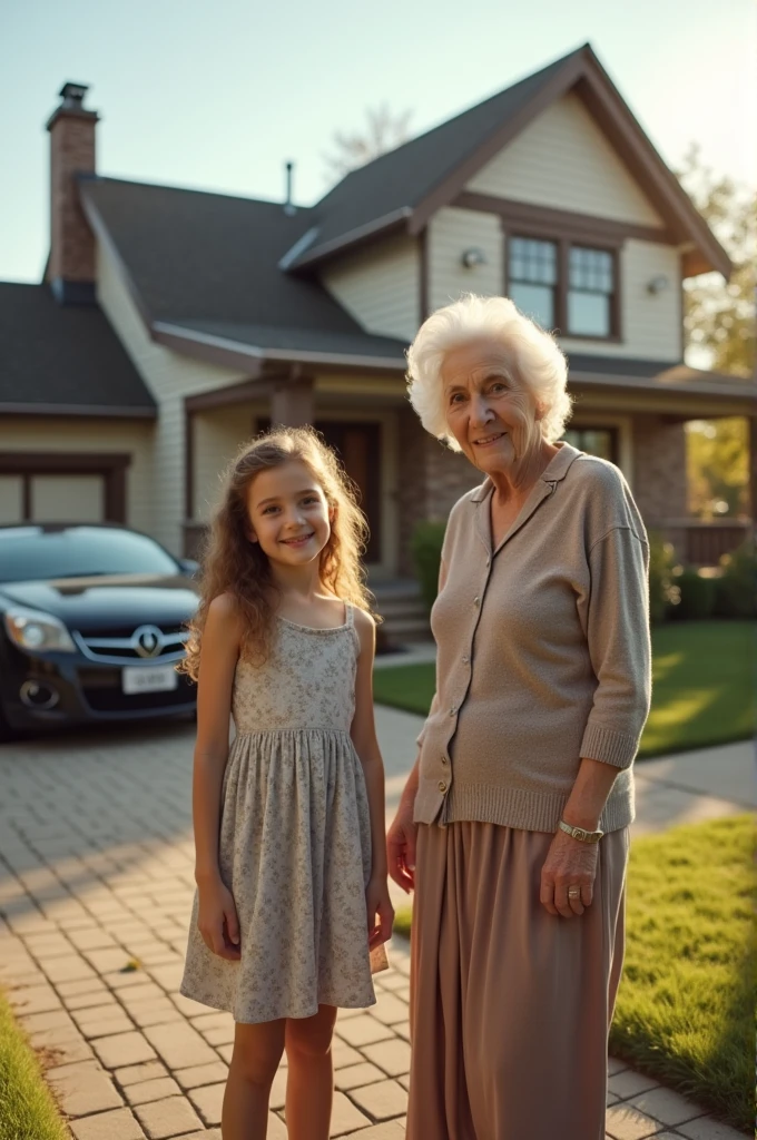 A girl standing in front of beautiful house with a car and her old mother