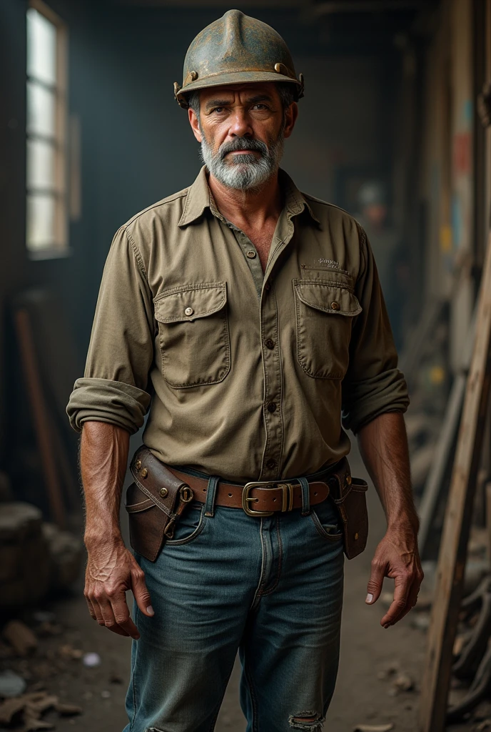 Chat is a man in his early 40s, with a rugged appearance from years of labor. He has a weathered face and calloused hands. His dark hair is often hidden under a hard hat, and his clothing consists of a worn, stained work shirt, sturdy jeans, and heavy-duty boots.