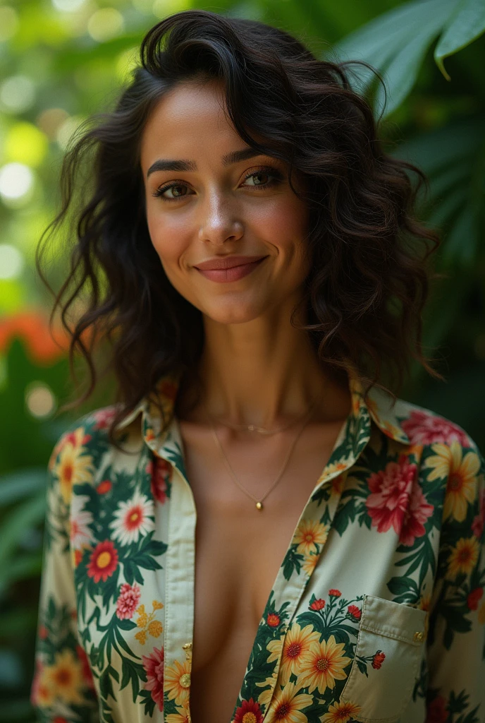 A Brazilian woman in a lush tropical garden, wearing an open shirt with a floral print, with a close-up capturing the harmonious beauty between her breasts and the natural flowers, showing off your natural charm and outgoing personality.