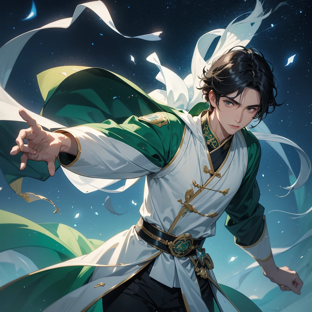 a Handsome black-haired male holding a large sword in white-green ancient Chinese costume, background is a dark night, with moonlight and millions of stars, twinkling everywhere, with blue light, close up.