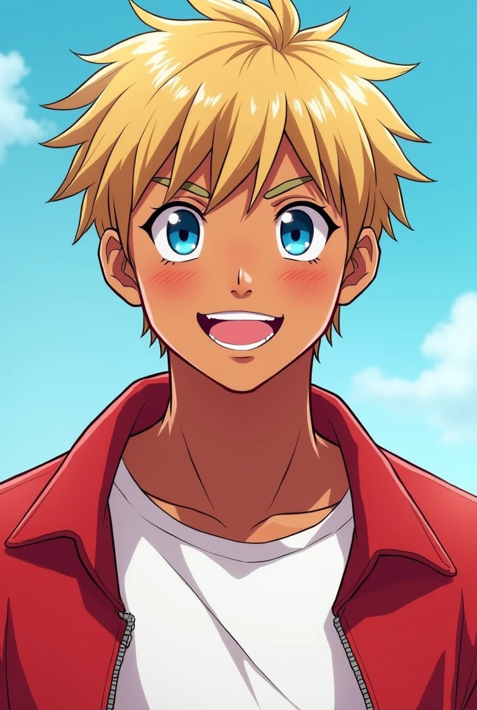 Adult man, Mulatto race with blond, straight, short hair and blue eyes, he has a white crop top and red jacket, he has a smile on his face, anime style