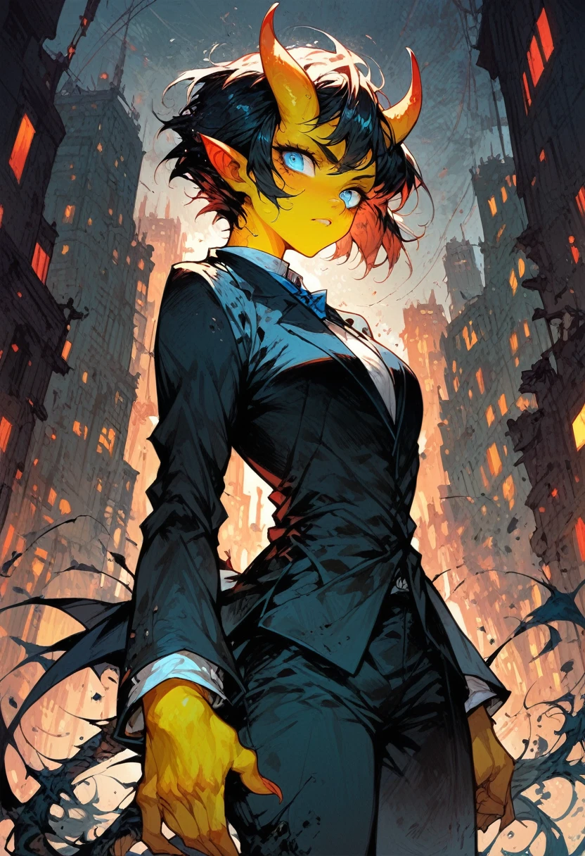 score_9, score_8_up, score_7_up, score_6_up, 1woman, short hair, black hair, yellow skin, blue eyes, demon horns, black suit, pants, city background, female focus, solo