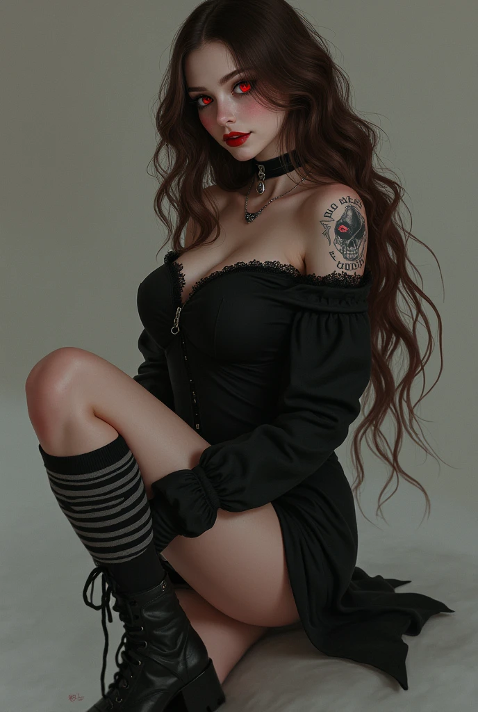 ((best quality: 0.8)), ((masterpiece)), (detailed), 1girl, beautiful face, long, brown, wavy hair, short black dress with long sleeves, black and gray striped socks, black boots , passionate lips, light blush, big breasts, beautiful red eyes, fair skin, skull tattoo, beautiful smile, (glowing eyes: 0.8) creeppypasta, and Jeff the killer