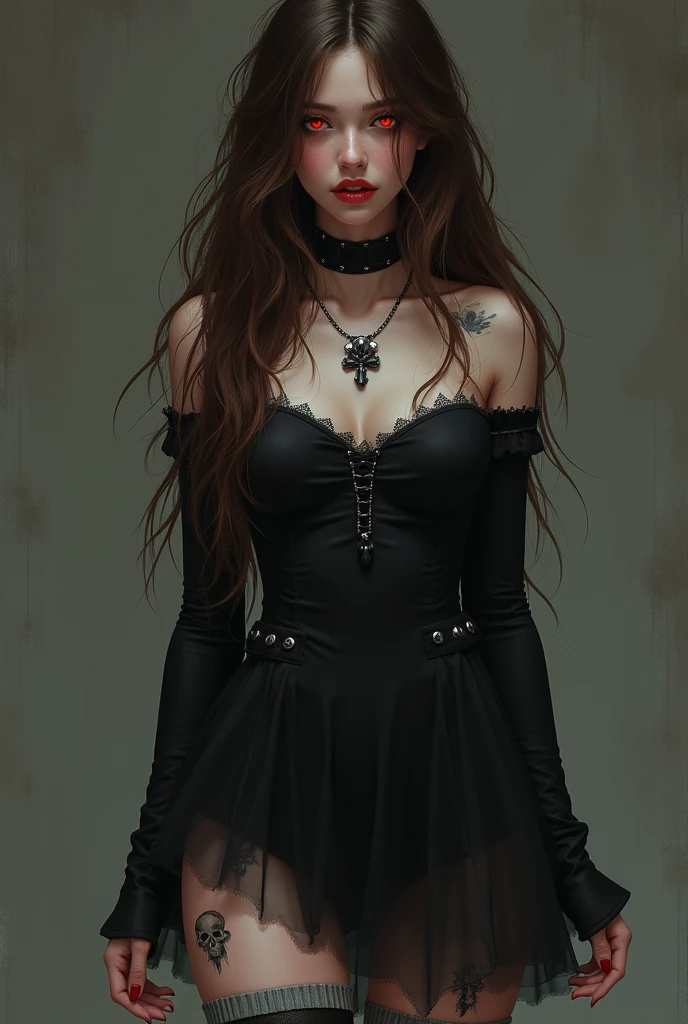 ((best quality: 0.8)), ((masterpiece)), (detailed), 1girl, beautiful face, long, brown, wavy hair, short black dress with long sleeves, black and gray striped socks, black boots , passionate lips, light blush, big breasts, beautiful red eyes, fair skin, skull tattoo, beautiful smile, (glowing eyes: 0.8) creeppypasta, and Jeff the killer
