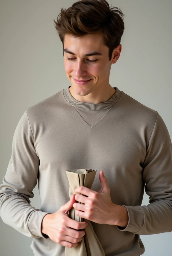 Plan d’un jeune homme de 20 ans sortant un pull stone de son colis montrant l’état impeccable du pull