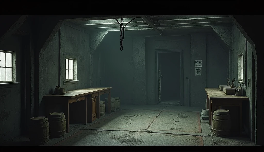An empty ship from inside, with some desk or table on it and few barrels