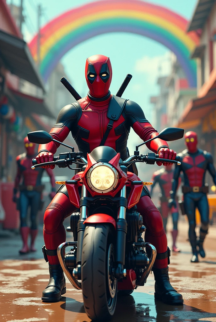 Deadpool driving duke 200 bike with xmen in chennai fish market background rainbow