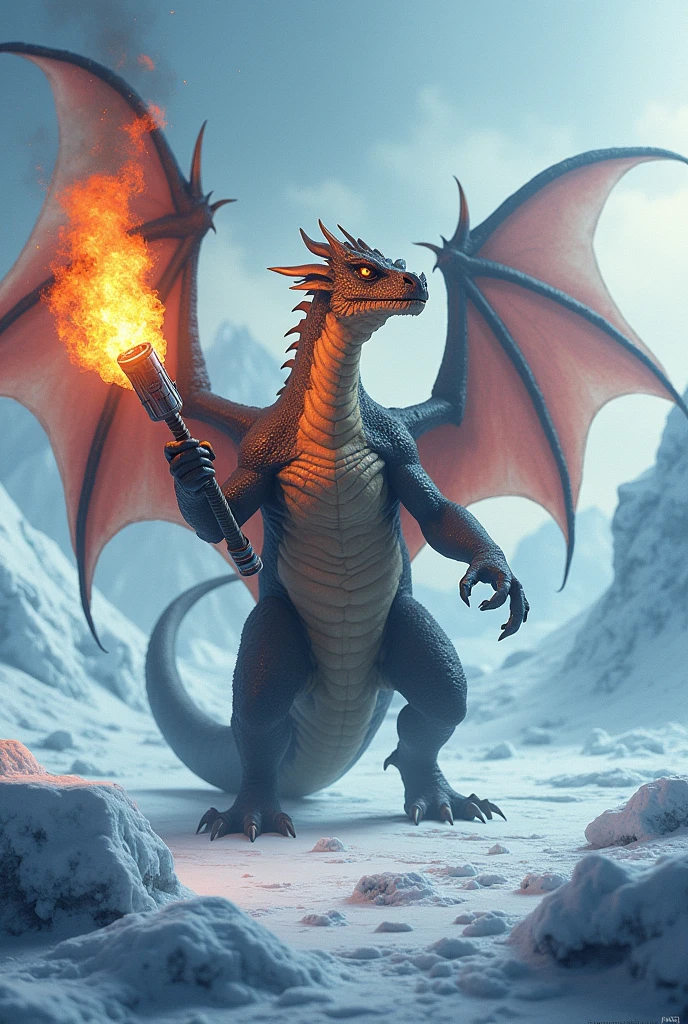 Dragon, (flamethrower), in Antarctica, ice, looking at the viewer, horns, quality,