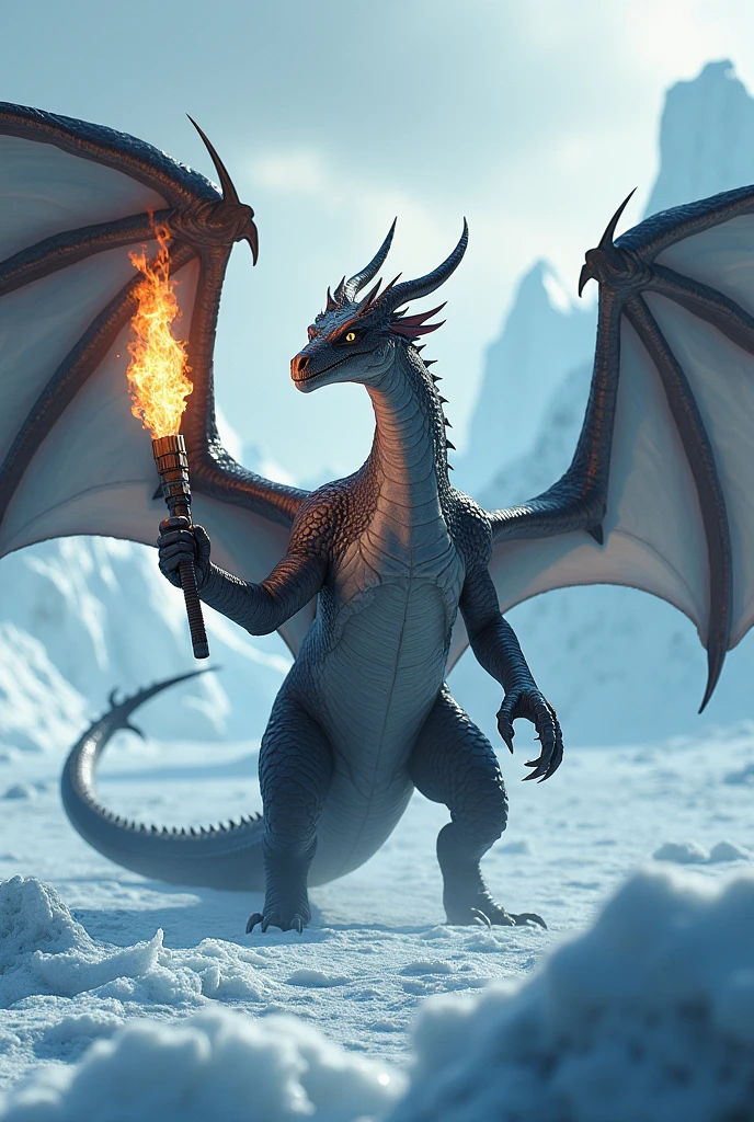 Dragon, (flamethrower), in Antarctica, ice, looking at the viewer, horns, quality,
