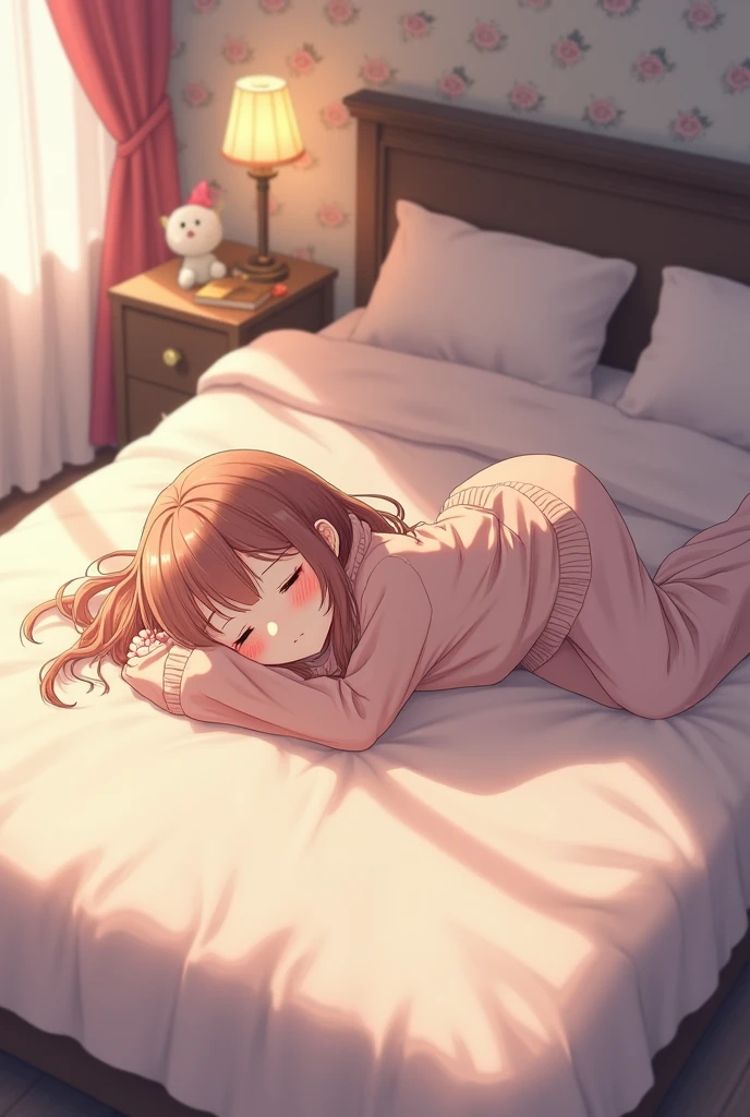 anime girl lying on her stomach sleeping on the bed