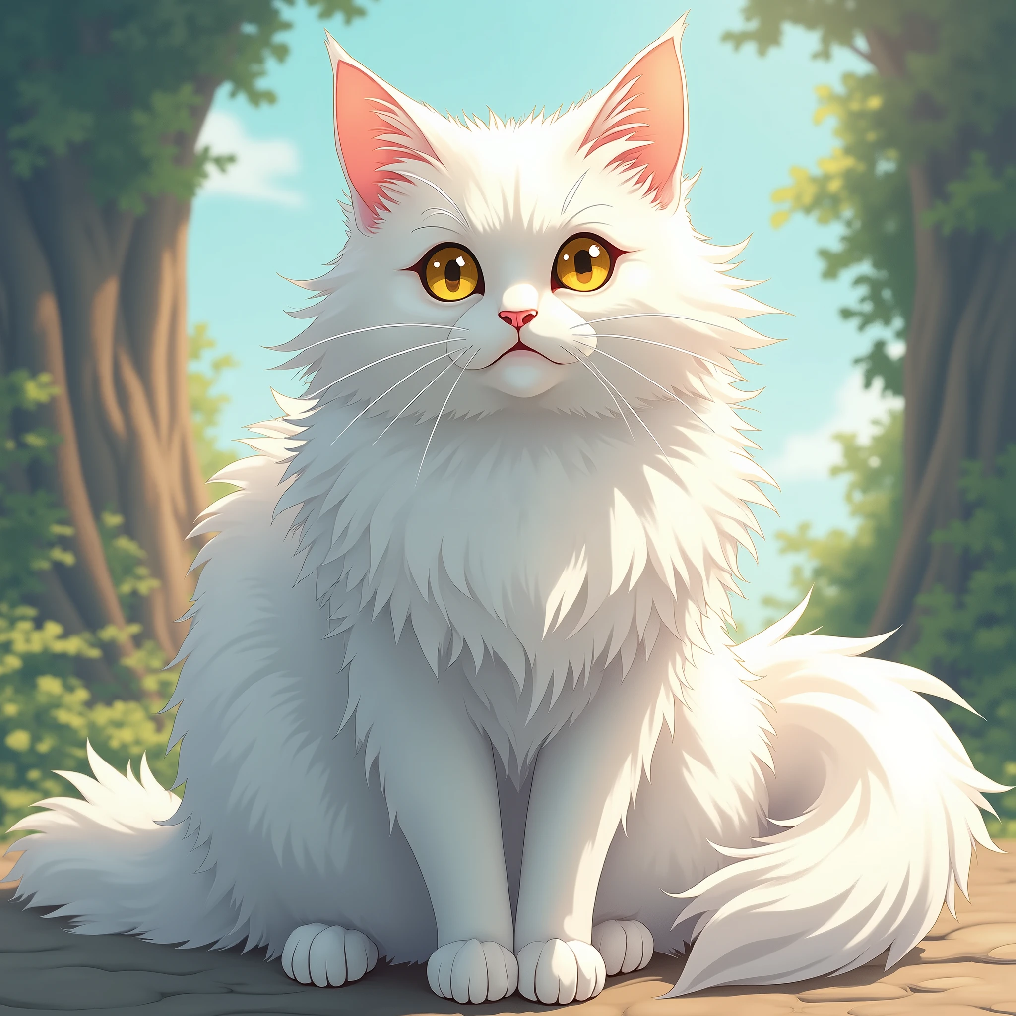 A beautiful long-haired big white cat with yellow eyes and a pink nose, half Main Coon and half Persian, Ghibli, anime-style, 