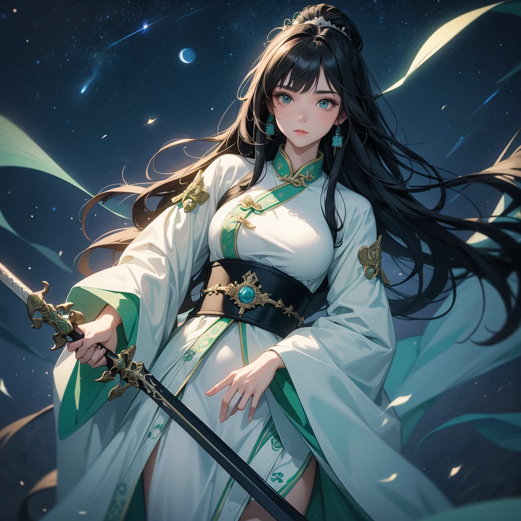 A beautiful black-haired female holding a large sword in white-green ancient Chinese costume, background is a dark night, with moonlight and millions of stars, twinkling everywhere, with blue light, close up.