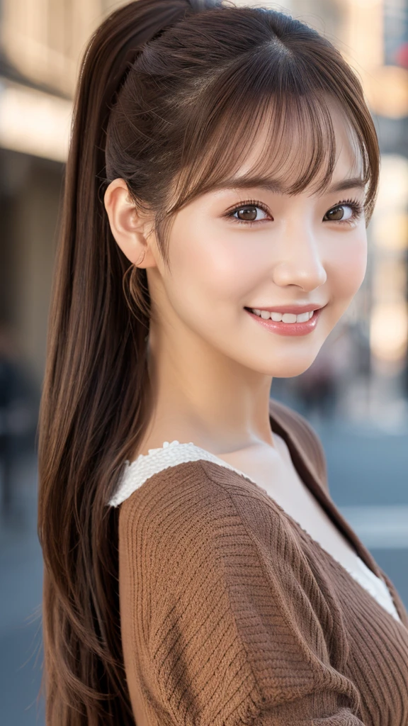 brown hair, hair over shoulder, ponytail, grin, blush, Surrealism, Hyperrealism, Verism, wide shot, UHD, masterpiece, ccurate, anatomically correct, textured skin, super detail, high details, high quality, highres, 1080P, HD, 8k