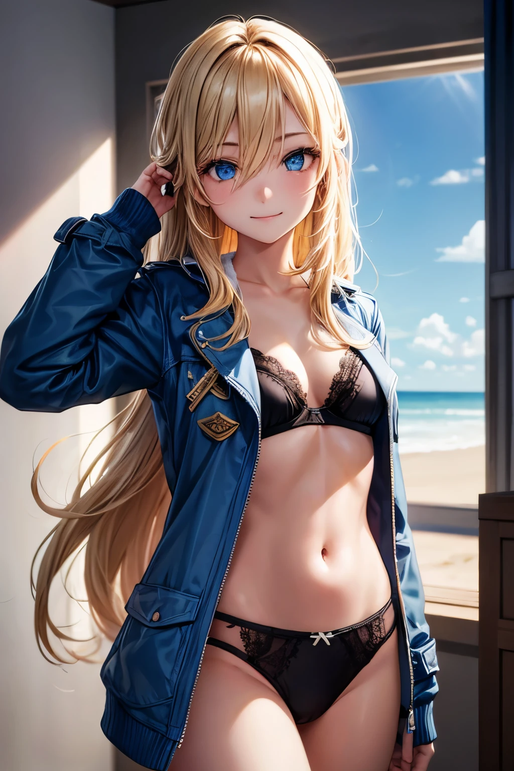 Ya Ott, 1 girl, alone, Krista Lenz, Smile, Hair between the eyes, Blue eyes, blond, Jacket, Medium long hair,underwear，underwear