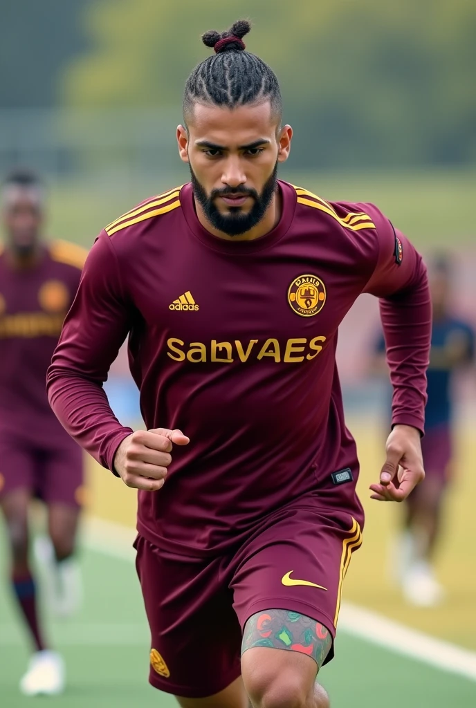 Visualize Young white Muslim man thick lips athletic body masculine energy and sexy defined chin trimmed beard braid with gradient on the sides colorful tattoo wearing a burgundy PSG training uniform with golden letters and symbols, burgundy shorts and white heels, in the training camp doing a race 
