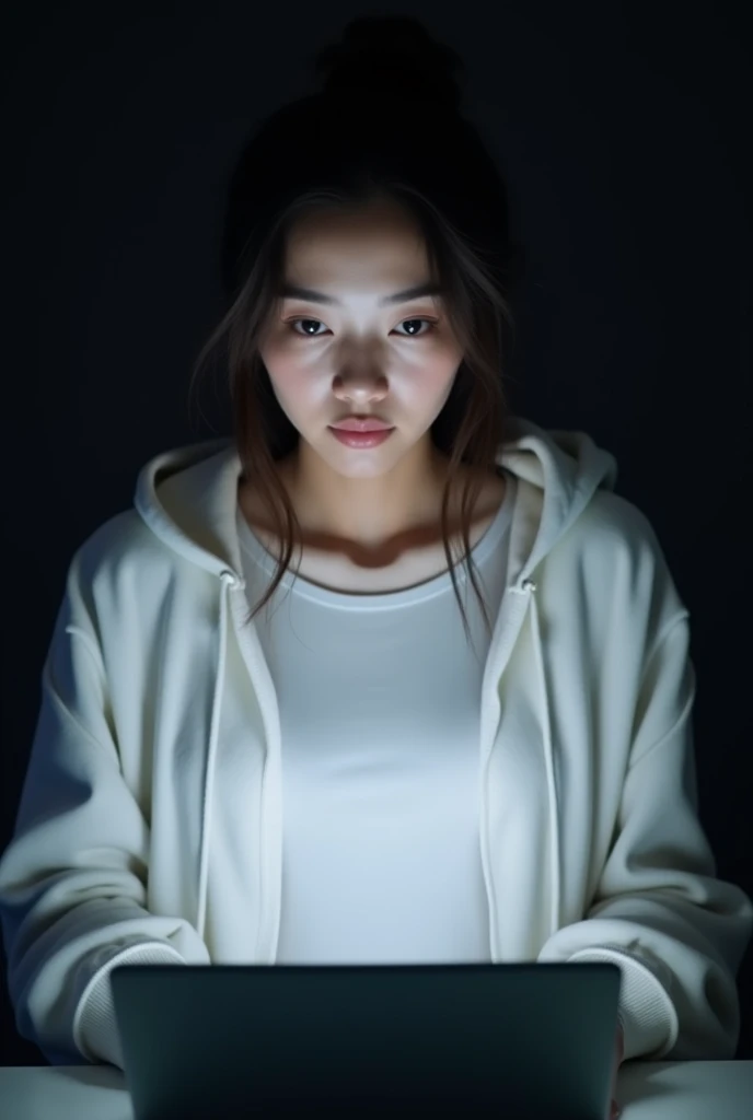 Beautiful realistic asian woman wearing a white t-shirt and white zip-up hoodie, looking intently at her laptop screen in the picture, with the camera positioned at a slight upward oblique angle relative to the frontal screen of the figure, realistic figure-oriented photo, simple background, dark night background, gaze looking at the laptop, emphasized by the lights on the laptop screen. Emphasize large breasts. Draw the anatomy with natural arm length and 5 fingers.