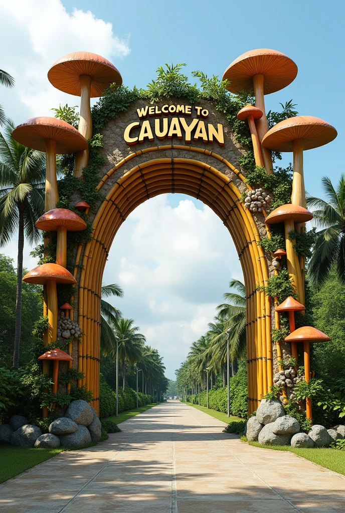 Create a welcome arch for Cauayan City Isabela, use bamboo and muahrooms as design make it crwative and welcoming , make wider and larger like a an overhead boundary marker of a town, but keep the design, make it wider and put metals and carved rocks but the designs are still bamboo and mushrooms put "WELCOME TO CAUAYAN"