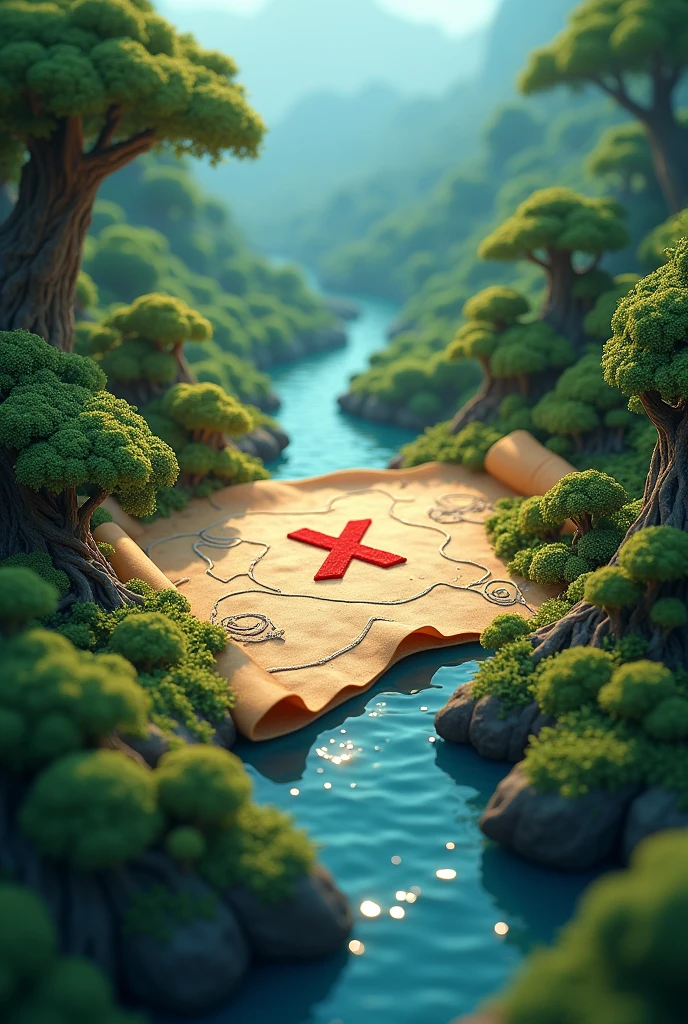 Create in3d animation,The Sparkling Map**: A map with glittering edges and a red 'X' marking a location in the forest.,