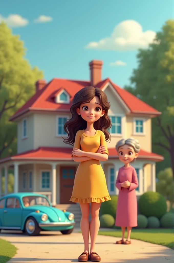 A 25 year girl standing in front of beautiful house with a car and her old mother . Generate in animated form