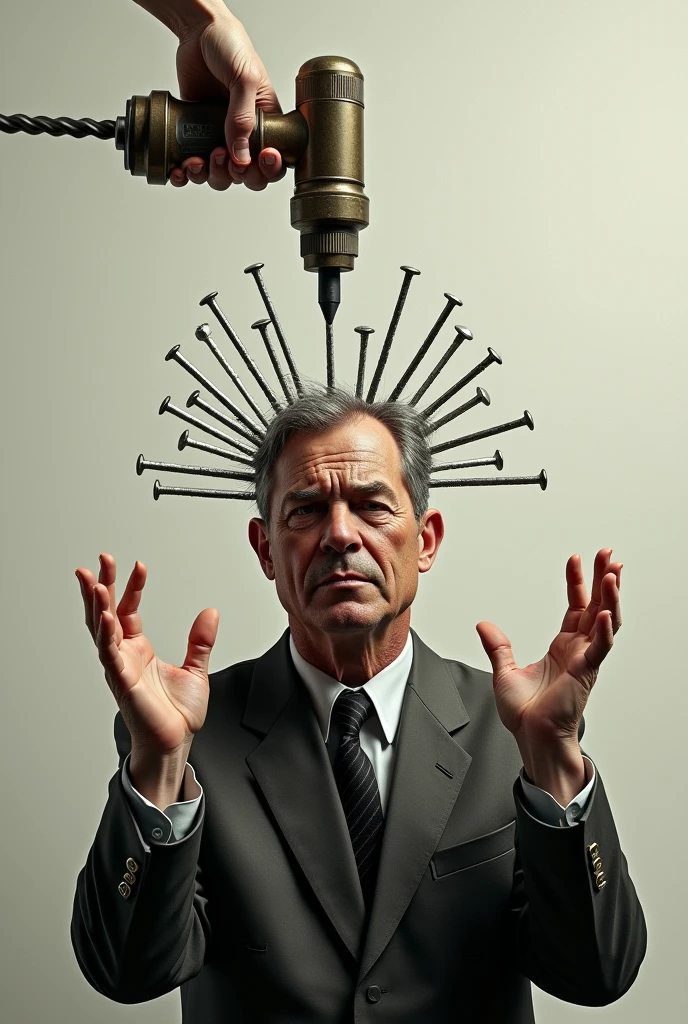 Create a image of a man in a pan.
On the head of man drill machine is drilling and also nails put with the help of hammer.
