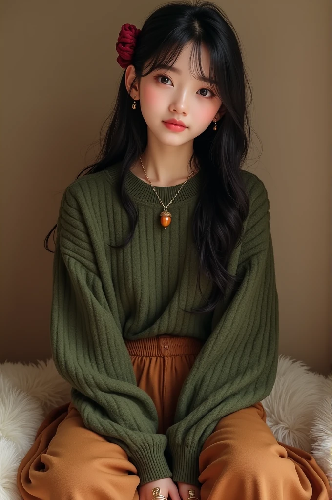 An 1 korean girl, height 160 cm, weight 60 kg, black hair, wearing:
Top: Deep olive green cozy knit sweater, slightly oversized, with ribbing textured patterns
Bottoms: High-waisted fleece joggers in warm brown
Slippers: Plush slippers in chestnut brown, with faux fur lining and a sturdy sole
Accessories: A gold necklace with a small acorn pendant, gold matching stud earrings, a couple of gold thin stacked rings
Hairstyle: Relaxed, loose low bun using deep red scrunchie