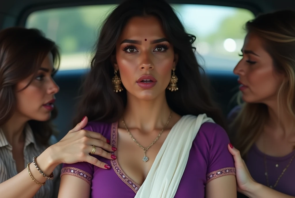 pretty like princess,an indian woman mouth is closed by the two woman sitting beside her in a carmwhile she is trying to shout,she is wearing white saree on a tight violet u neck short sleeve blouse,photo realistuc,long lush hair,glossy pink lips ,detailed nose,fair skin like porcelein,big breasts,cleavage cutout