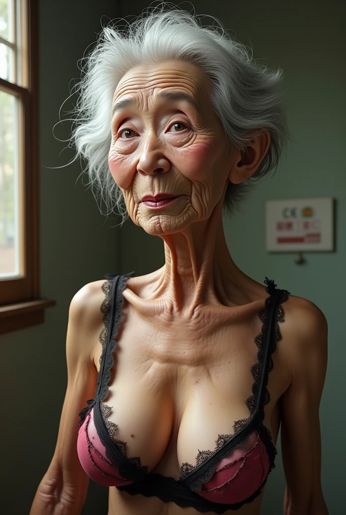 Japan, 100 years old, old woman, aging, elderly, old face, grandma who stole sexy underwear from a gal and wore it, grandma who had a gal&#39;s big breasts transplanted, grandma who shows off her cleavage from the whole body of a gal 
