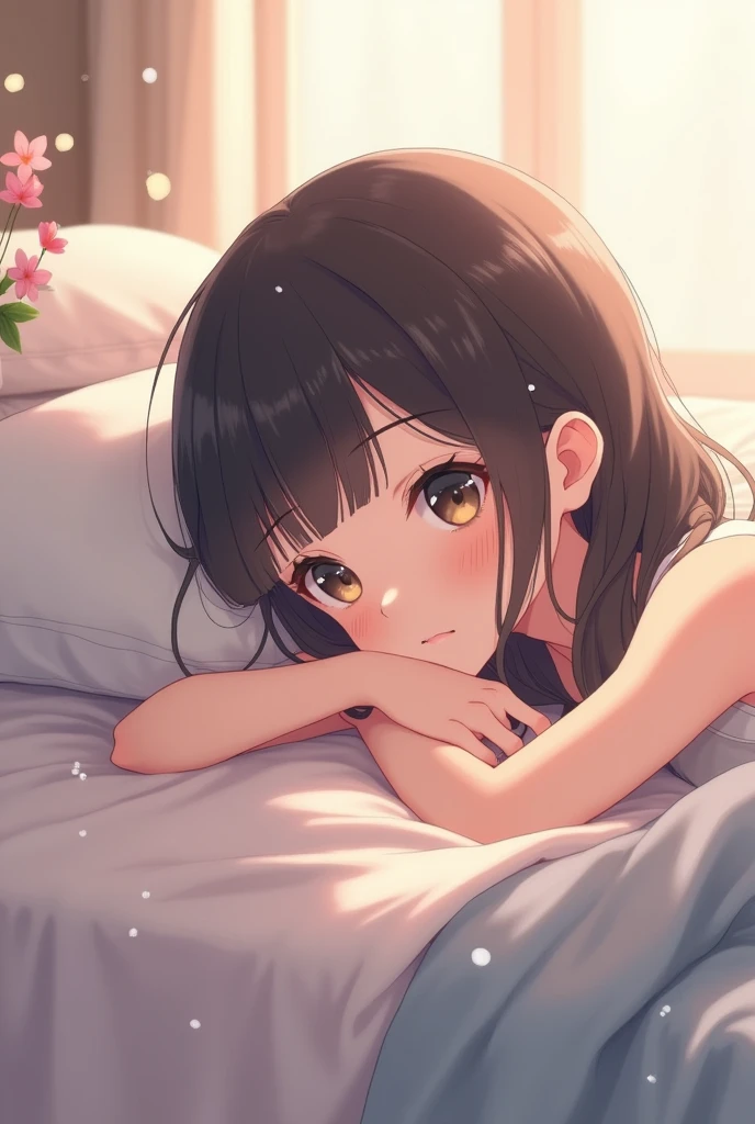anime girl lying on her stomach on the bed