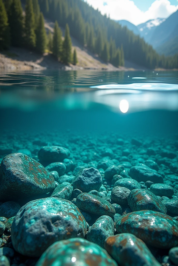 "Create a cinematic 4K image, DSLR Canon style, of a crystal-clear lake. Show the lake water with such clarity that the bottom is visible, revealing thousands of colorful gemstones, such as rubies, emeralds, sapphires, and amethysts. The scene should highlight the beauty and richness of the gemstones at the lake's bottom, with light reflecting and refracting through the water to create a stunning visual effect."