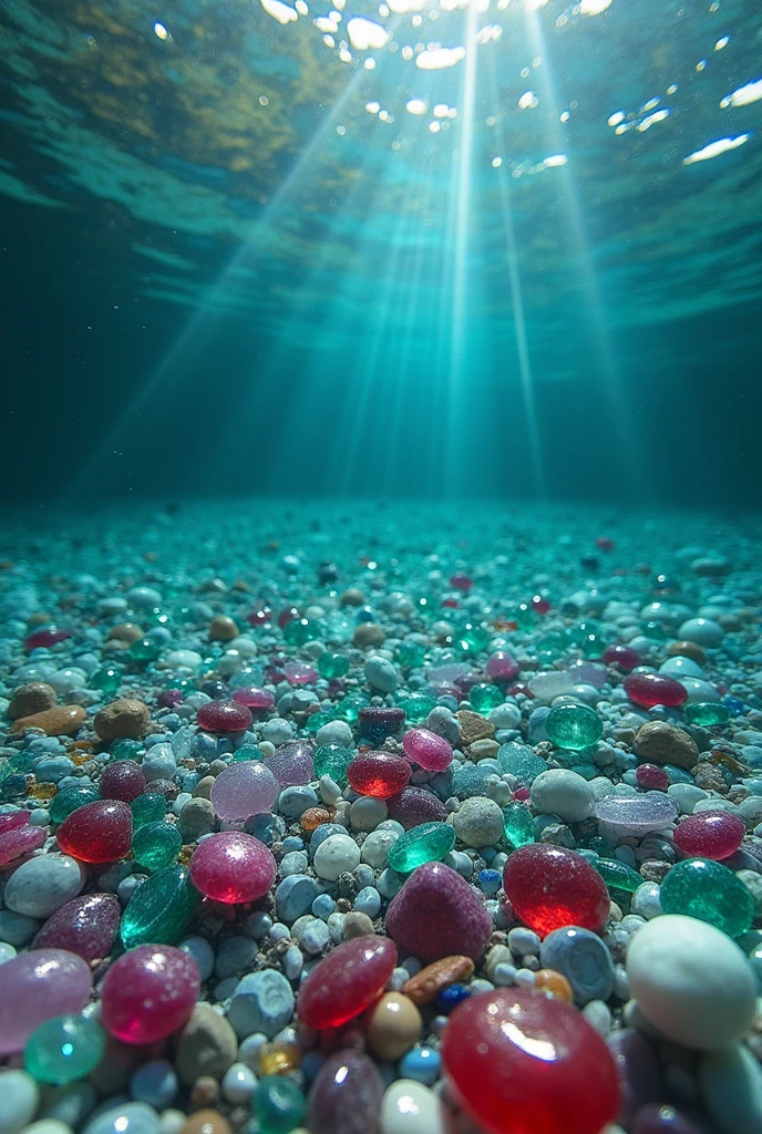 "Create a cinematic 4K image, DSLR Canon style, of a crystal-clear lake. Show the lake water with such clarity that the bottom is visible, revealing thousands of colorful gemstones, such as rubies, emeralds, sapphires, and amethysts. The scene should highlight the beauty and richness of the gemstones at the lake's bottom, with light reflecting and refracting through the water to create a stunning visual effect."