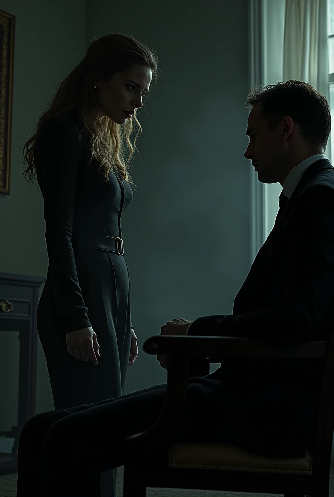 woman looking at a man tied to a chair