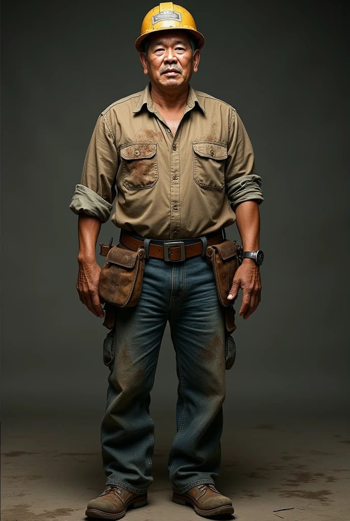 Chat is a man in his early 40s, Asian, with a rugged appearance from years of labor. He has a weathered face and calloused hands. His dark hair is often hidden under a hard hat, and his clothing consists of a worn, stained work shirt, sturdy jeans, and heavy-duty boots.
