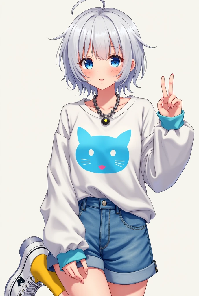 A young woman with short white hair, a white long-sleeved t-shirt with a blue print, denim shorts, white shoes, yellow socks, blue eyes, and an anime necklace