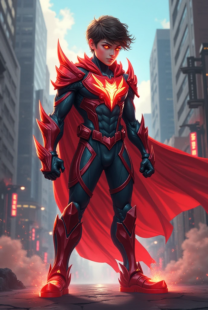 new man super hero teenager with deamon powers and rad color armour