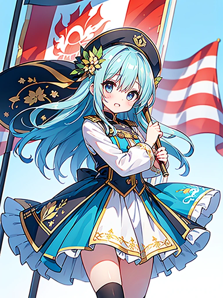 1girl、Dynamic composition、marching band、(((Masterpiece、Highest quality、Official Art、Super detailed、Handsome face、Dynamic composition)))、Anime Style、(Milky white and blue hair:1.3),(Blue eyes:1.4),(Bright colors:1.4),((Asanoha background:1.3)),, marching bandのユニフォームを着たクールな女の子, marching band hat、mini skirt, Frills, Black and white with gold embroidered flag held in both hands,(background:Large red flag on the back with gold floral embroidery, Note, )、euphonium、Huge Flag、Huge Flag