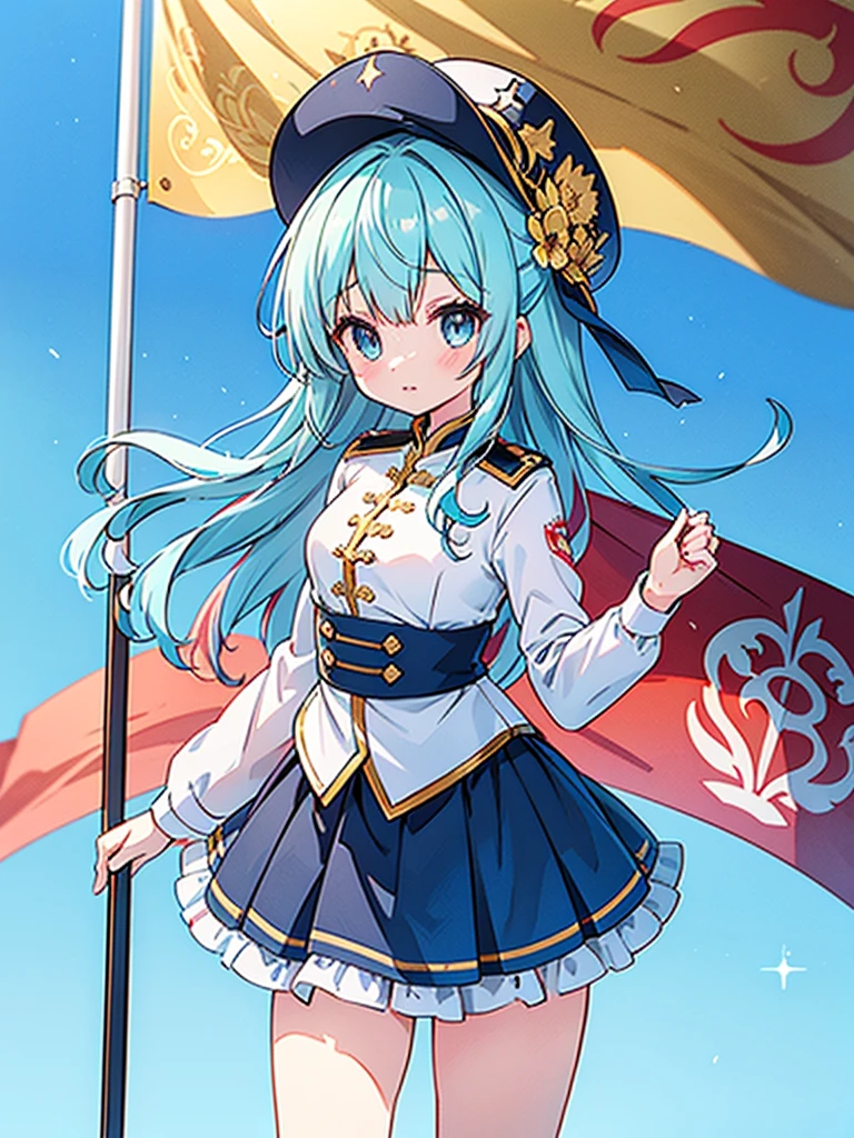 1girl、Dynamic composition、marching band、(((Masterpiece、Highest quality、Official Art、Super detailed、Handsome face、Dynamic composition)))、Anime Style、(Milky white and blue hair:1.3),(Blue eyes:1.4),(Bright colors:1.4),((Asanoha background:1.3)),, marching bandのユニフォームを着たクールな女の子, marching band hat、mini skirt, Frills, Black and white with gold embroidered flag held in both hands,（background:Large red flag on the back with gold floral embroidery, Note, )、euphonium、Huge Flag、Huge Flag