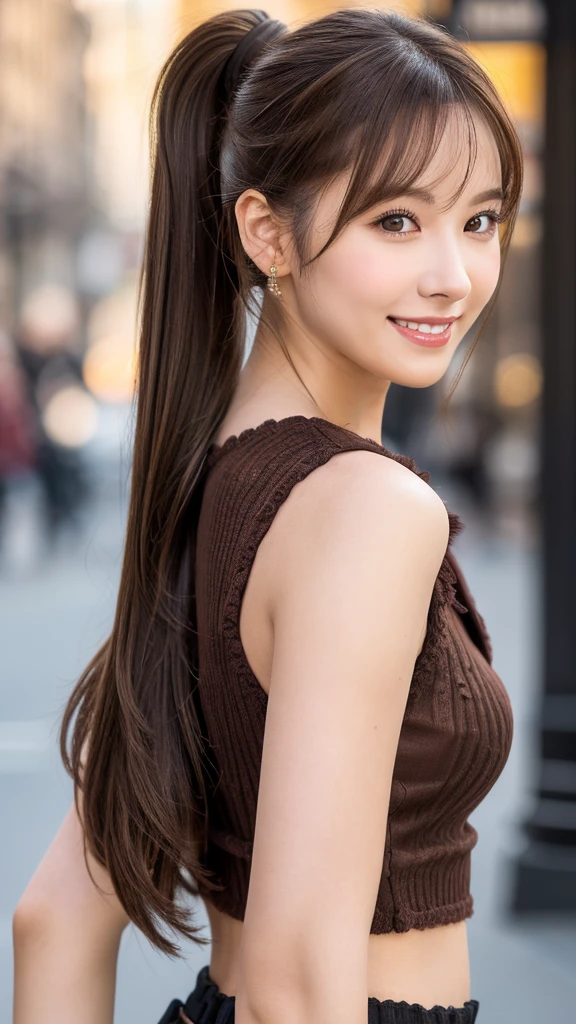 brown hair, hair over shoulder, ponytail, grin, blush, Surrealism, Hyperrealism, Verism, wide shot, UHD, masterpiece, ccurate, anatomically correct, textured skin, super detail, high details, high quality, highres, 1080P, HD, 8k
