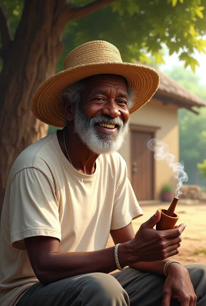 A realistic image of an 8 Black man with a warm, friendly smile, sitting in a simple rural setting. He is wearing a straw hat that partially shades his face, and a basic white t-shirt that contrasts against his aged, dark skin. In his hand, he holds a wooden pipe, with smoke gently rising from it, adding a sense of calm and contentment. The background features a humble wattle and daub house, typical of a rural area, with a beautiful, lush tree nearby providing shade and a touch of nature. The scene captures a sense of joy and tranquility, with natural light illuminating his cheerful expression, creating a lifelike and heartwarming portrait.