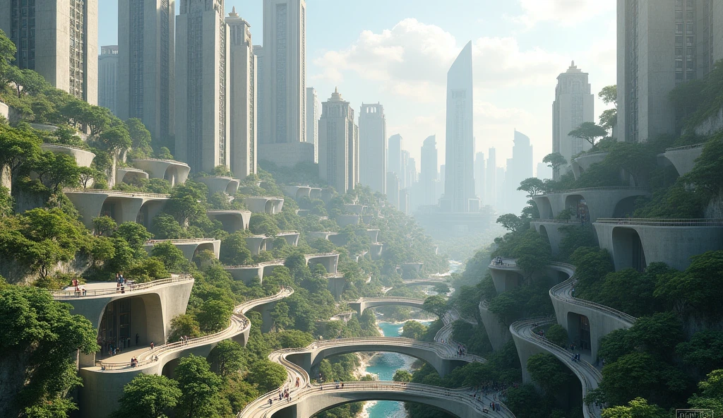 Design a utopian city where every building, road, and structure is made concrete, creating a safe, sustainable, and resilient environment.