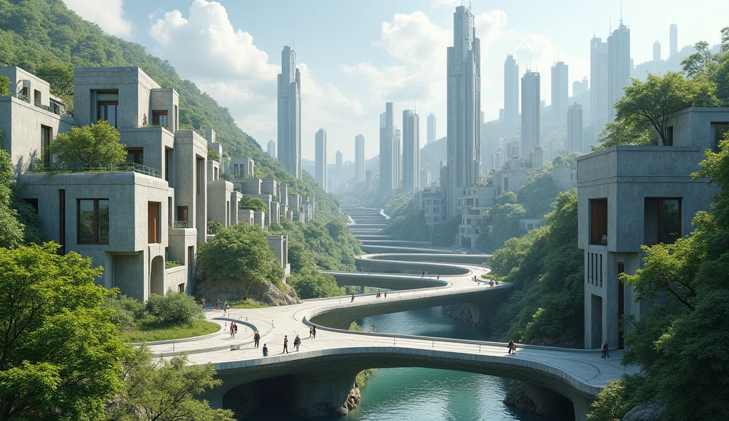 Design a utopian city where every building, road, and structure is made concrete, creating a safe, sustainable, and resilient environment.
